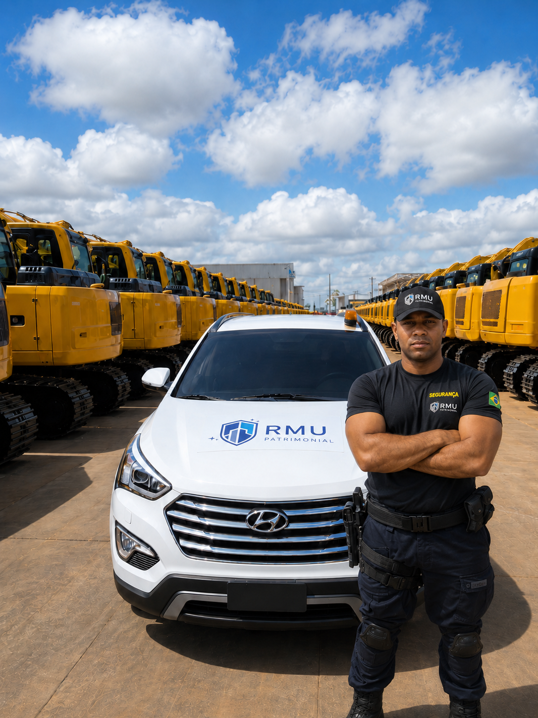 Profissional de segurança patrimonial RMU em frente a viatura branca com logo da empresa